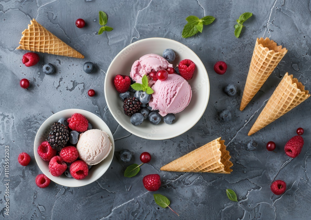 Summer Sorbet and Ice Cream Delight: Berries in a Bowl with Cones on Gray Concrete Background Summer Sorbet and Ice Cream Delight: Berries in a Bowl with Cones on Gray Concrete Background