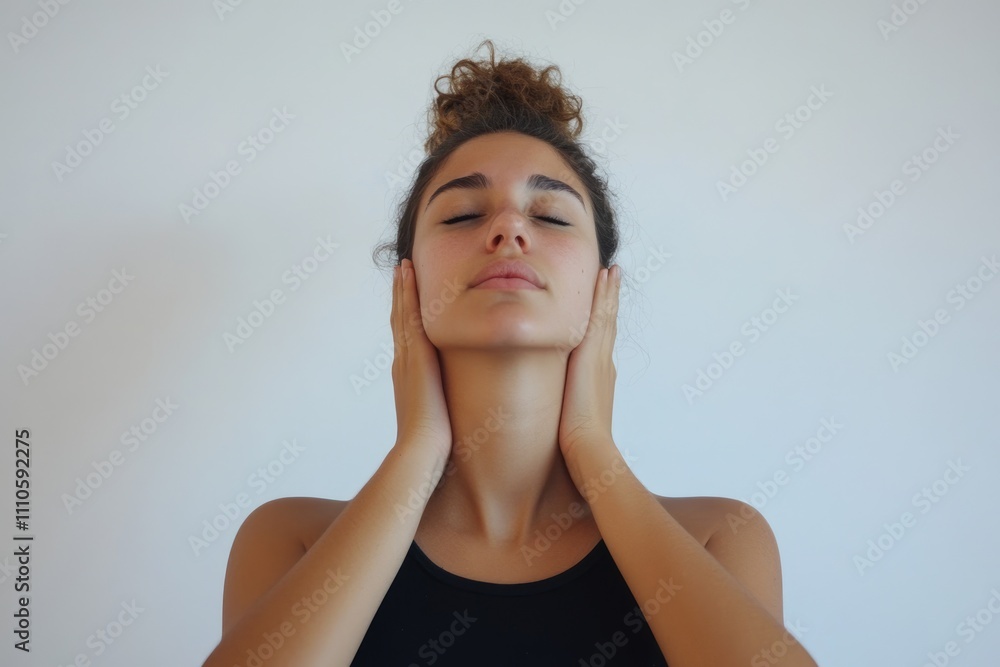 Fototapeta premium Young Latin Woman Performing Neck Cracking Adjustment to Relieve Joint Pain on White Background