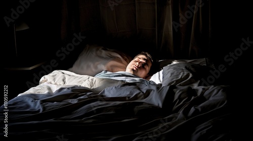 Person lying in bed with half-closed eyes, surrounded by dim light and shadows, symbolizing irregular sleep patterns and lack of restful sleep. photo