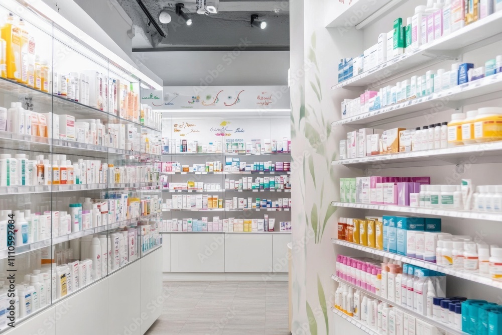 White pharmacy interior with shelves of medical products and colorful packaging, professional and inviting atmosphere. White pharmacy interior with shelves of medical products and colorful packaging, professional and inviting atmosphere.