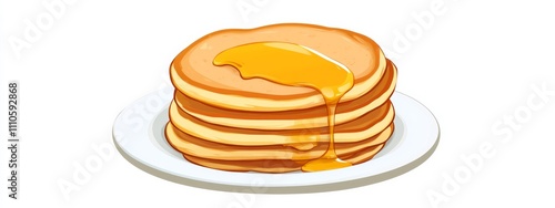 A stack of fluffy pancakes with a drizzle of honey, isolated white background, retro art style photo