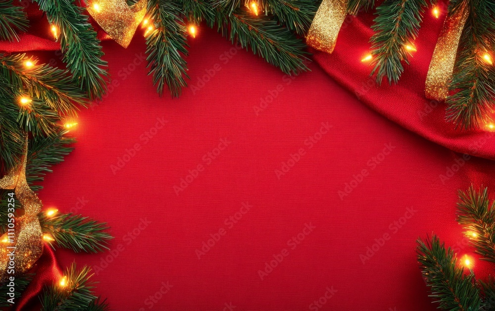 Christmas background with red fabric, golden lights, and green tree branches for holiday decoration. Christmas background with red fabric, golden lights, and green tree branches for holiday decoration.