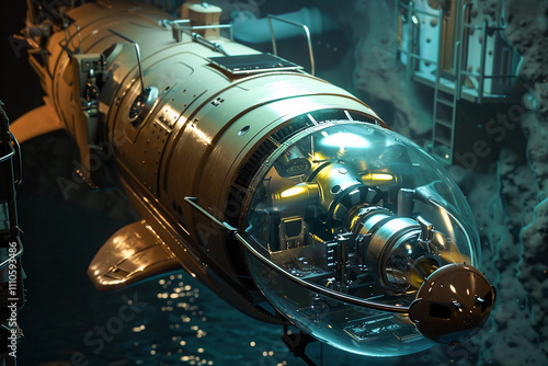 Beautiful large bathyscaphe floating in middle of ocean during exploration photo