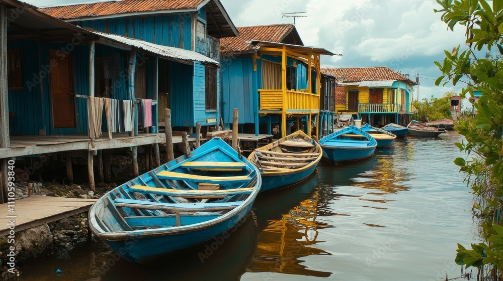 Wooden boats docked near small, colorful houses by the water. 