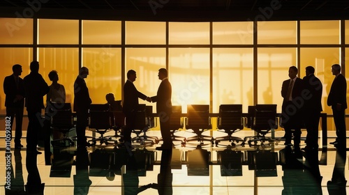 Group of diplomats shaking hands in a peaceful conference room, symbolizing a ceasefire agreement, international diplomacy and global peace efforts. photo