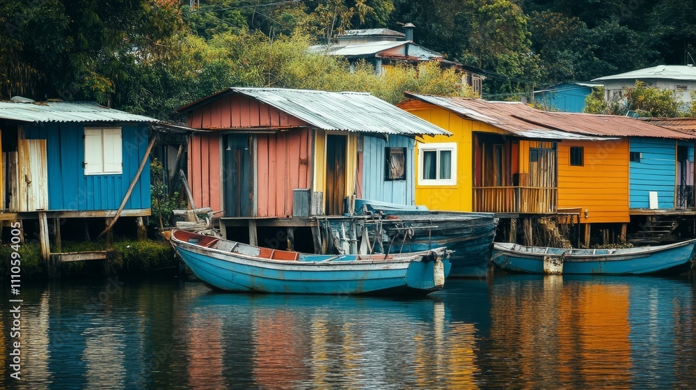 Wooden boats docked near small, colorful houses by the water. Wooden boats docked near small, colorful houses by the water.