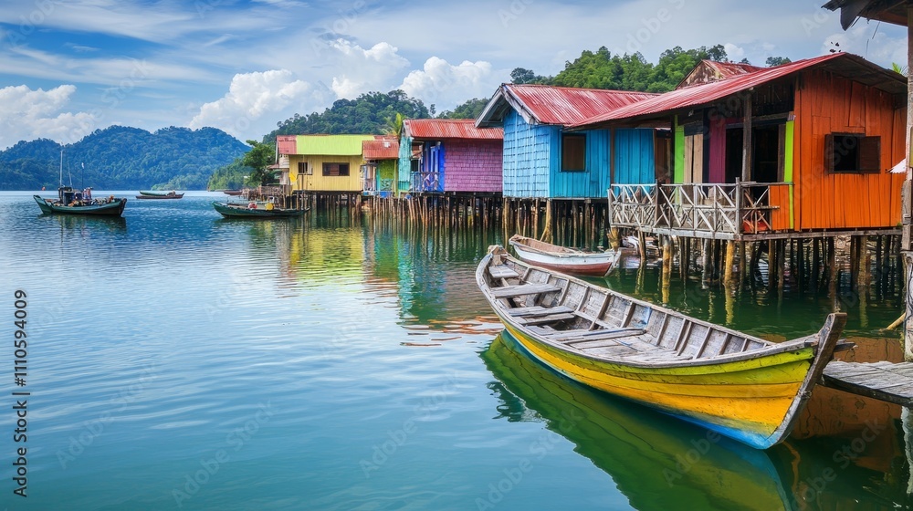 Fototapeta premium Wooden boats docked near small, colorful houses by the water. 