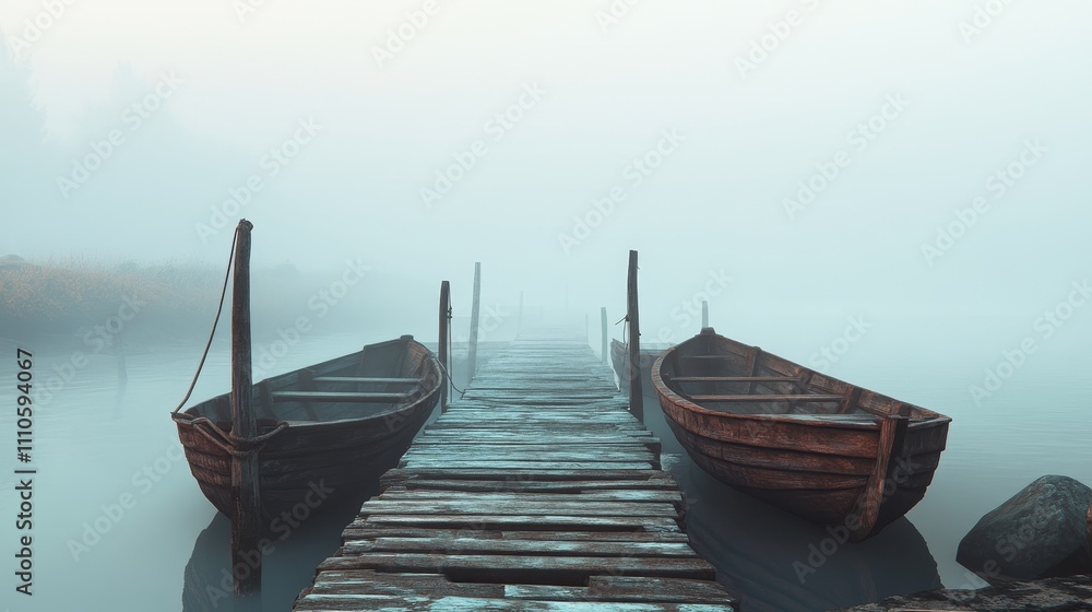 Obraz premium Wooden boats moored at a pier, with soft fog covering the horizon. 