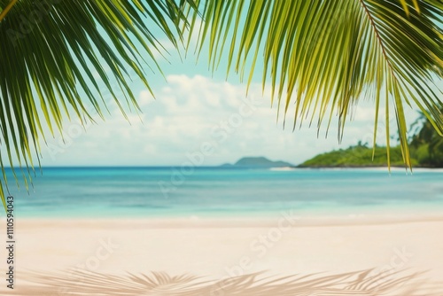 Tropical beach background with palm leaves, sandy shore, and blurred island in the distance.