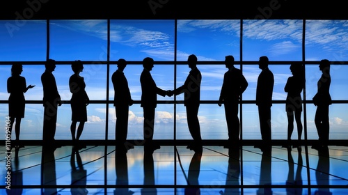 Group of diplomats shaking hands in a peaceful conference room, symbolizing a ceasefire agreement, international diplomacy and global peace efforts. photo