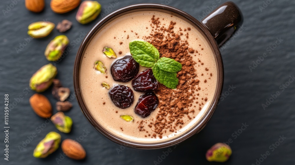 a creamy mocha coffee topped with chocolate powder, served with pistachios a creamy mocha coffee topped with chocolate powder, served with pistachios