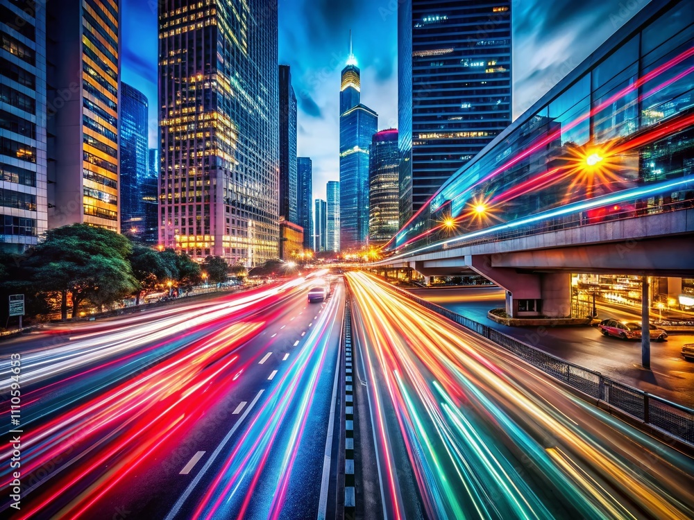 Abstract Motion Speed Effect in a Cityscape: Long Exposure Photography Capturing Dynamic Urban Life and Light Trails at Night, Showcasing Vibrant Colors and Movement Blurs Abstract Motion Speed Effect in a Cityscape: Long Exposure Photography Capturing Dynamic Urban Life and Light Trails at Night, Showcasing Vibrant Colors and Movement Blurs
