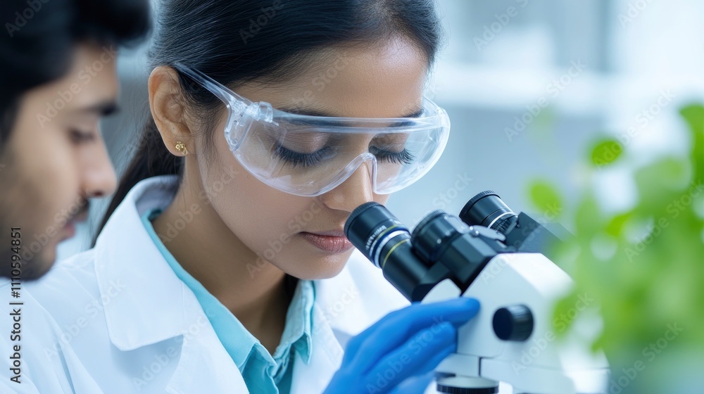 Female Indian scientist using a microscope in a lab with a male student on blur background Female Indian scientist using a microscope in a lab with a male student on blur background