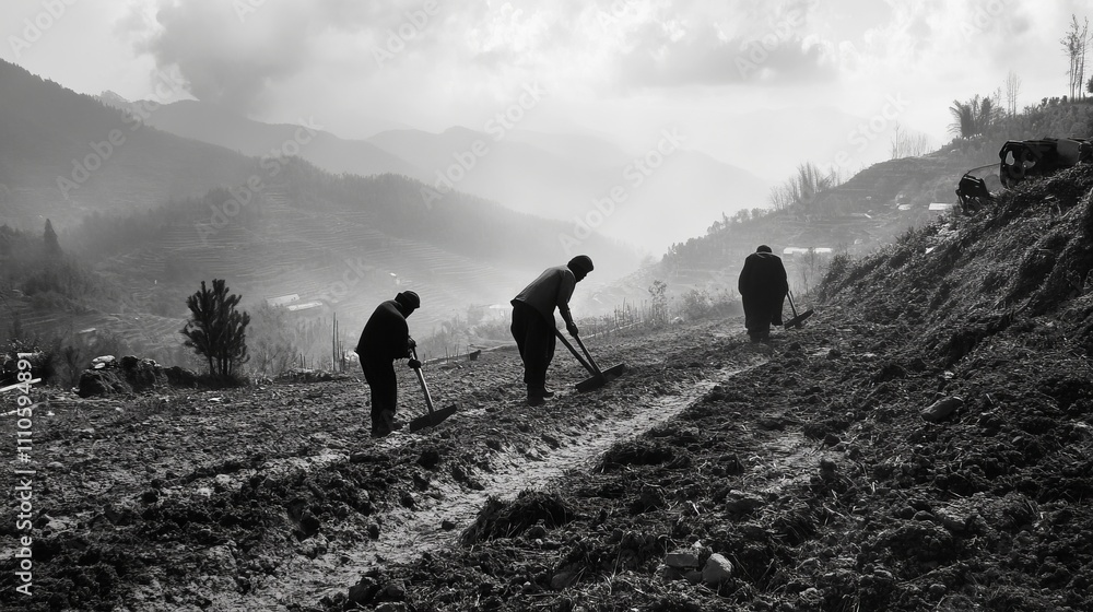 Obraz premium Workers plowing fields with traditional tools, readying for a new season.