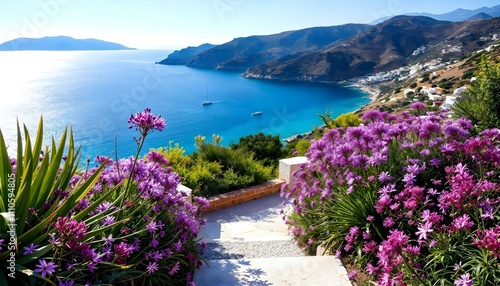 many plants of agapanthus africanus with purple or pink flowers. Behind a terrace with nobody in the greek island of Satorini with the best landscape of the Aegean sea and the Cald photo