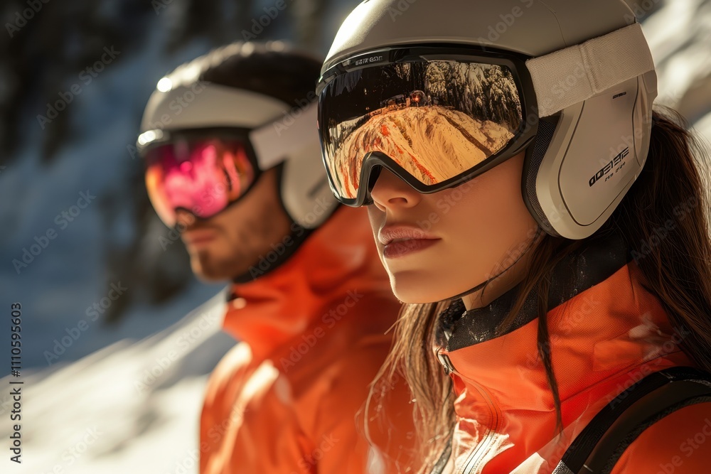 Skiers in stylish gear enjoy a sunny day on a snowy mountain slope during winter Skiers in stylish gear enjoy a sunny day on a snowy mountain slope during winter