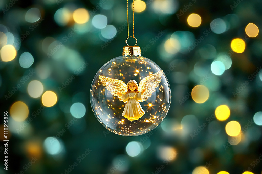 Beautiful angel ornament hanging on a Christmas tree with glowing lights creating a festive atmosphere Beautiful angel ornament hanging on a Christmas tree with glowing lights creating a festive atmosphere