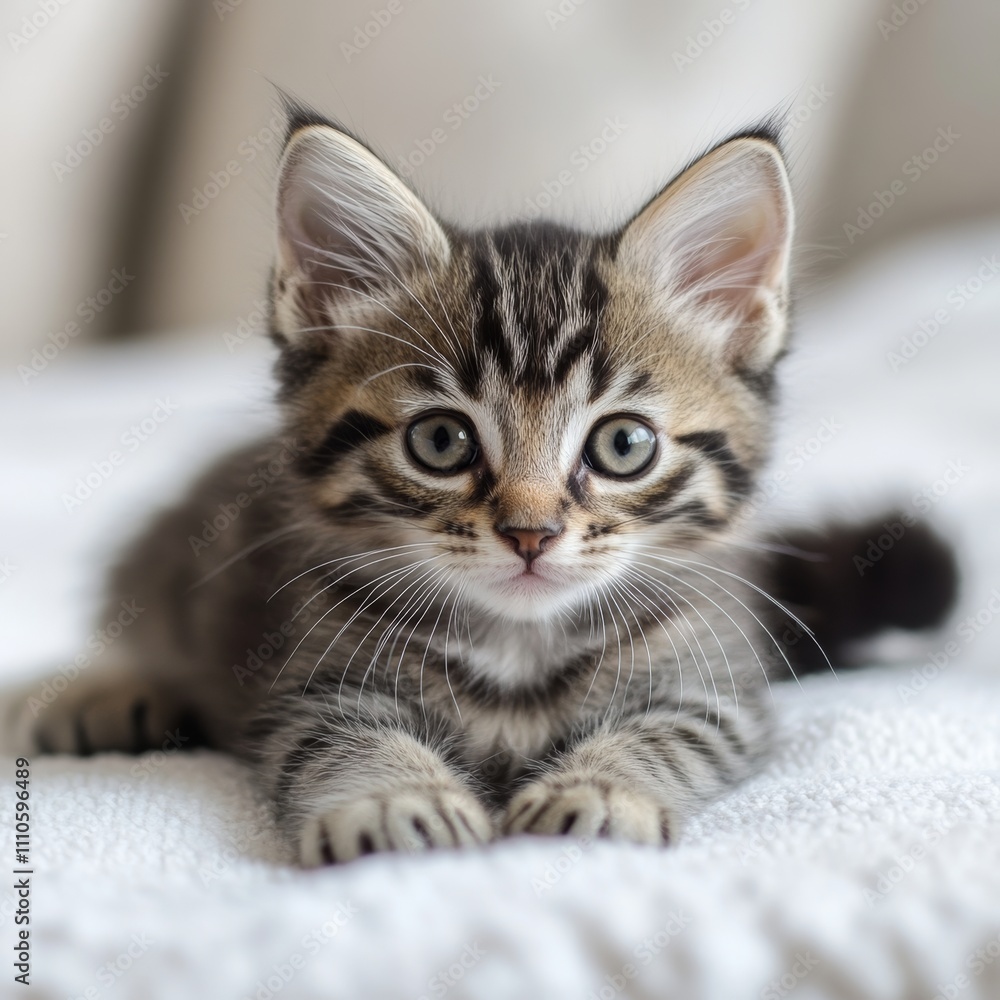 Obraz premium A striped tabby kitten lying on a soft white surface, showcasing its adorable whiskers and fluffy tail