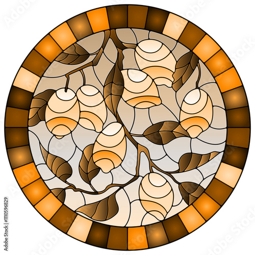 Illustration in stained glass style with lemon branches, leaves and fruits, round image in  frame, tone brown