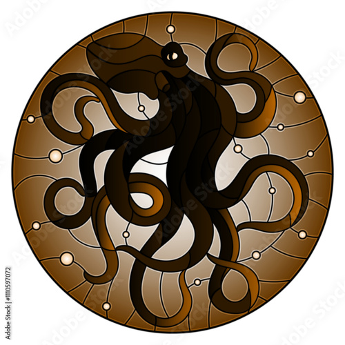 Illustration in stained glass style with abstract octopus against a sea and bubbles,round picture, tone brown