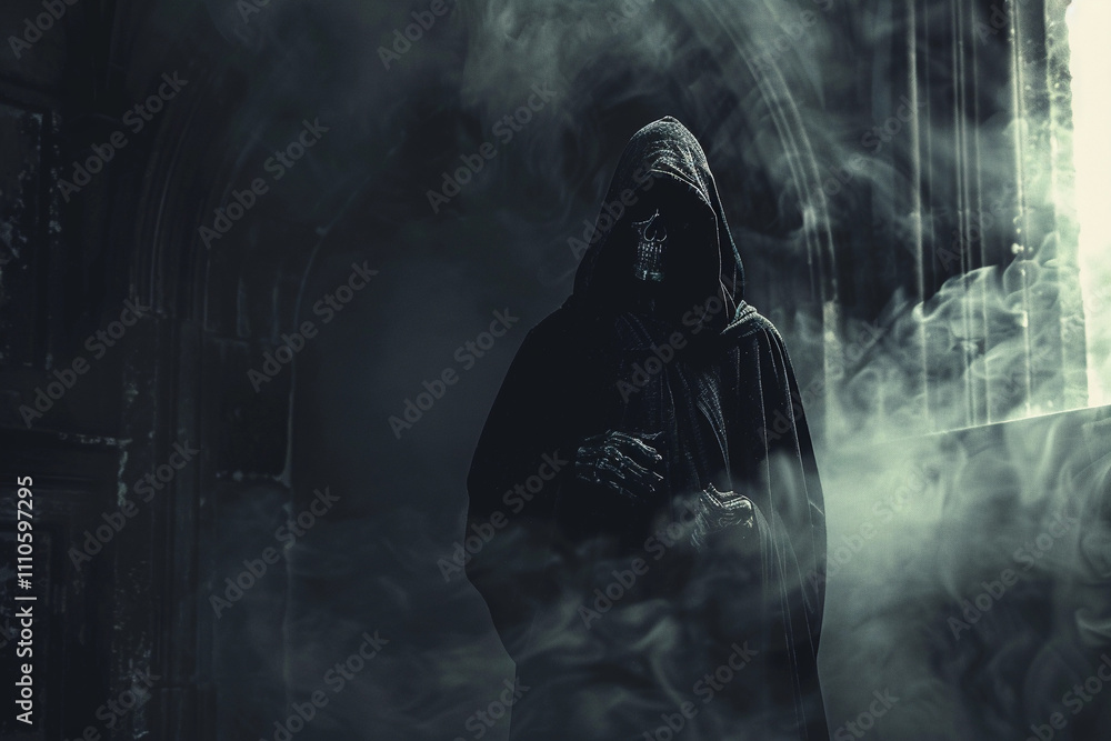Scary grim reaper with sharp scythe in hell with dramatic background Scary grim reaper with sharp scythe in hell with dramatic background