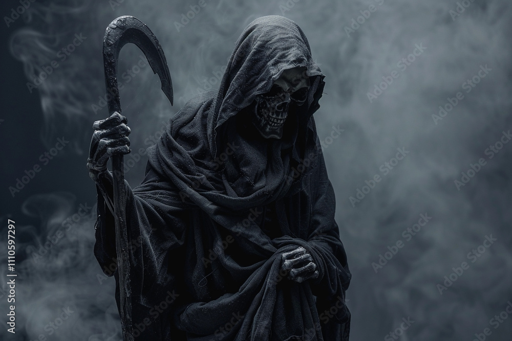 Scary grim reaper with sharp scythe in hell with dramatic background Scary grim reaper with sharp scythe in hell with dramatic background