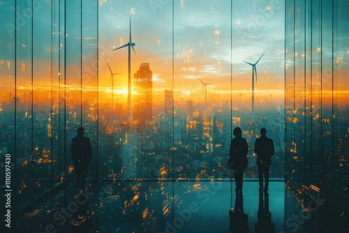 Futuristic cityscape with silhouettes and wind turbines at sunset