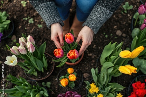 Gardener's Touch: Woman's Hands Planting Vibrant Flower Bulbs in Pots for a Blossoming Garden