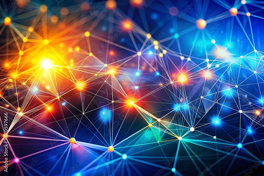 Abstract Technology Background with Long Exposure Effect Showcasing Connected Line and Dots Network on a Bright Blurred Blue Polygonal Background for Digital Innovation