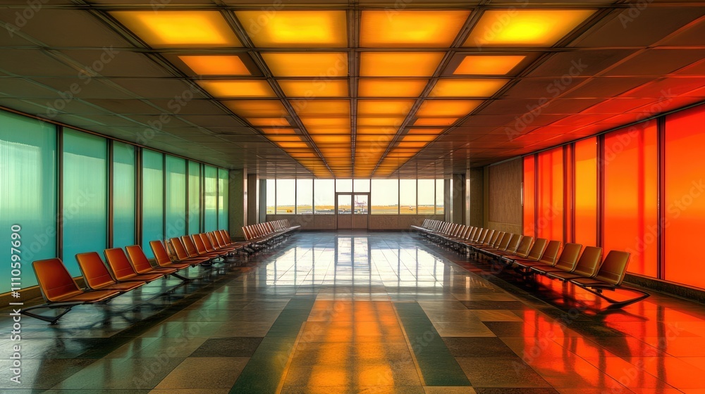 Serene Airport Terminal: A Daytime View of an Empty Waiting Area with Colorful Seating and Departure Gates Serene Airport Terminal: A Daytime View of an Empty Waiting Area with Colorful Seating and Departure Gates