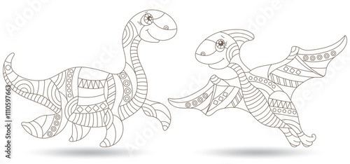 A set of contour illustrations in the style of stained glass with cute dinosaurs, dark contours on a white background