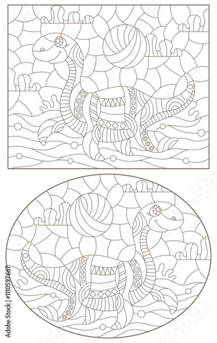 A set of contour illustrations in the style of stained glass with cute dinosaurs, dark contours on a white background