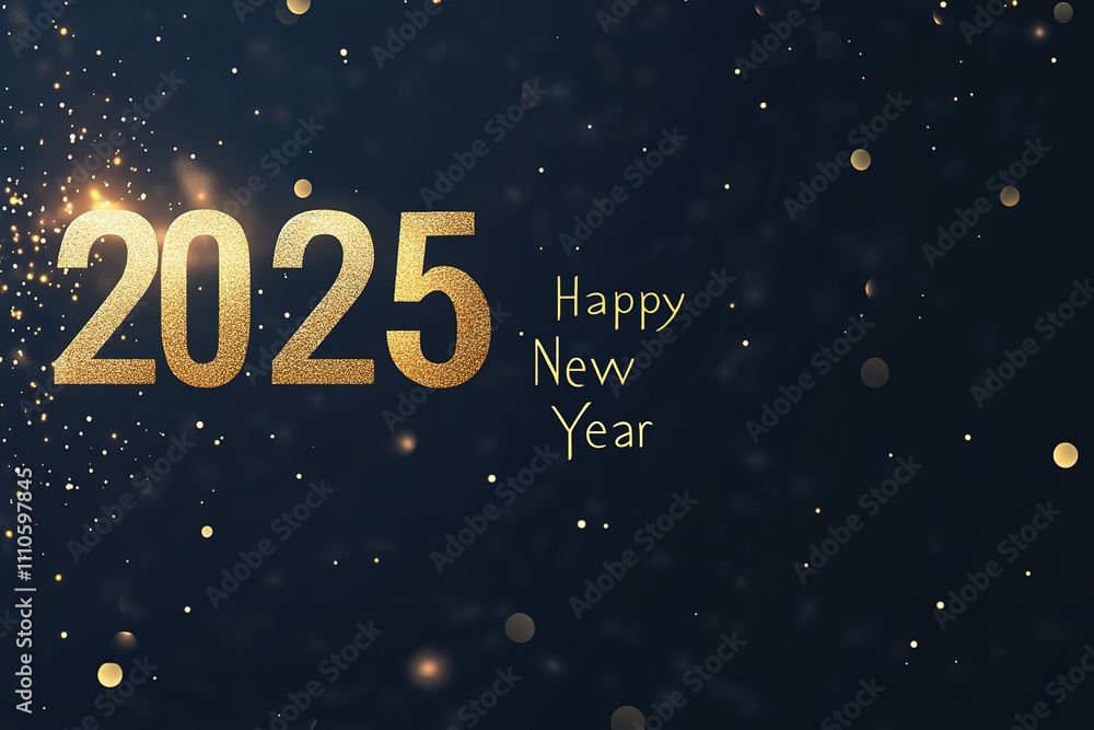 Fototapeta premium falling confetti rain and spotlights on metallic golden 2025 on illuminated stage, happy new year 2025 party invitation card 