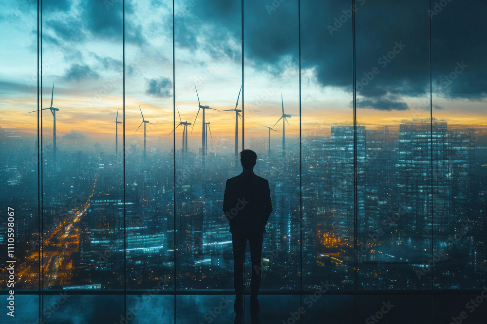 Silhouette of businessman overlooking city with wind turbines at sunset Silhouette of businessman overlooking city with wind turbines at sunset