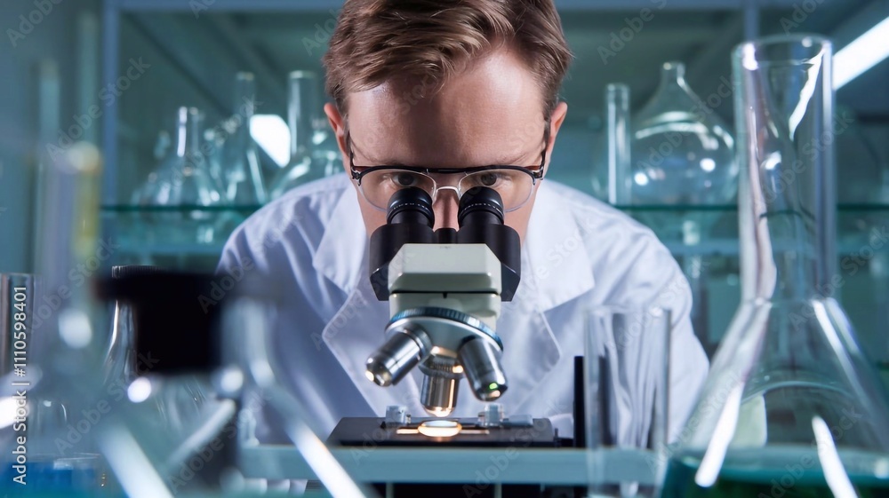 A focused scientist peers through a microscope in a laboratory, surrounded by glassware, representing discovery and scientific research A focused scientist peers through a microscope in a laboratory, surrounded by glassware, representing discovery and scientific research
