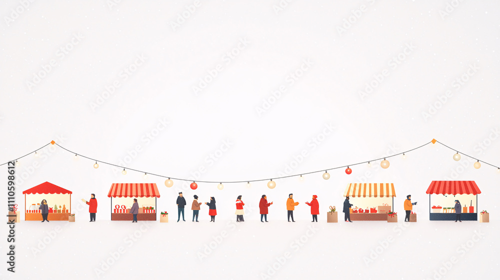 A detailed vector representation of a holiday market with booths neatly arranged under minimalist string lights and subtle holiday accents. People in warm winter clothing shop for festive goods while A detailed vector representation of a holiday market with booths neatly arranged under minimalist string lights and subtle holiday accents. People in warm winter clothing shop for festive goods while