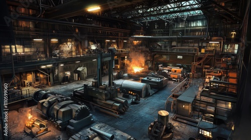 Dramatic Overhead View of Heavy Industrial Forging Facility: Showcasing Metal Forming and Heat Treatment Stations with Metallurgical Engineering Complexity.