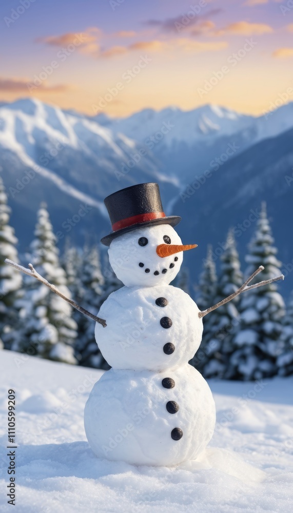 illustration of a snowy landscape at day mountain background with a smiling snowman illustration of a snowy landscape at day mountain background with a smiling snowman
