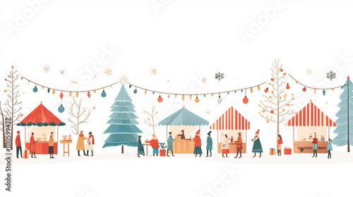 A clean vector depiction of a Christmas market, with small booths arranged neatly and decorated with elegant lights and garlands. People dressed in colorful winter clothing interact in the