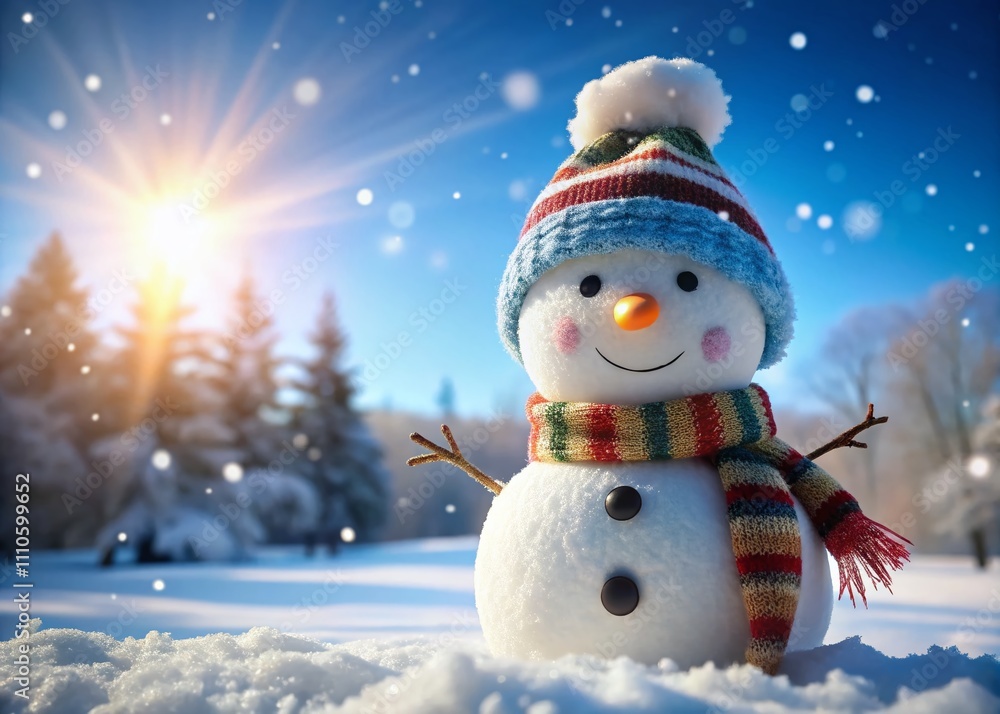 A Charming Snowman Against a Clear Blue Sky with a Beautiful Bokeh Effect Creating a Magical Winter Wonderland Atmosphere for Holiday and Seasonal Celebrations A Charming Snowman Against a Clear Blue Sky with a Beautiful Bokeh Effect Creating a Magical Winter Wonderland Atmosphere for Holiday and Seasonal Celebrations
