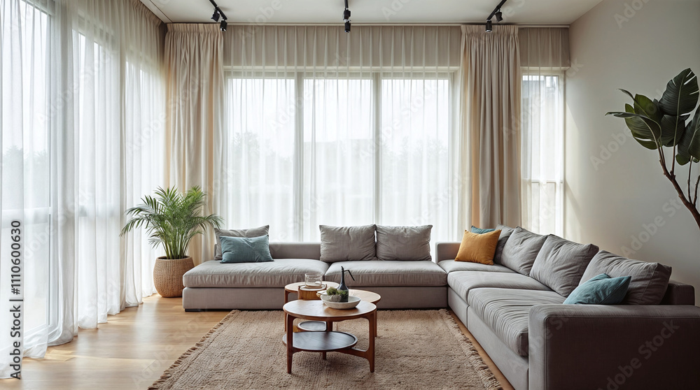 Contemporary Minimalist Living Room Interior with Grey Sectional Sofa, Floor-to-Ceiling Windows, Natural Light and Indoor Plants in Neutral Color Scheme Contemporary Minimalist Living Room Interior with Grey Sectional Sofa, Floor-to-Ceiling Windows, Natural Light and Indoor Plants in Neutral Color Scheme