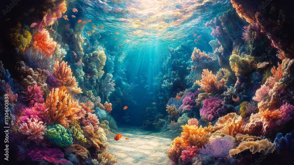 Obraz premium Vibrant Coral Reef Underwater Scene With Colorful Fish