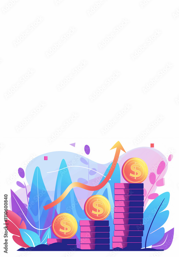 Stacks of coins of different heights, side view, financial concept and financial investment, growth of stocks and business. Dollar sign. Arrows, upward graphs, profit growth graph. Profit illustration Stacks of coins of different heights, side view, financial concept and financial investment, growth of stocks and business. Dollar sign. Arrows, upward graphs, profit growth graph. Profit illustration