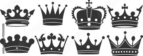 Crown collection royal luxury symbols black silhouette vector set