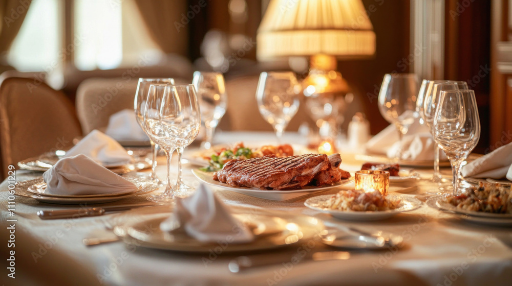 Fototapeta premium Grilled steak dinner served on elegant table with wine glasses and candlelight