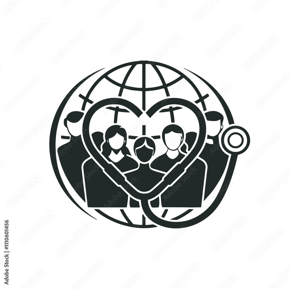 An icon symbolizes health, community, and public well-being. Include elements such as a stethoscope forming a heart, encircling a group of people, a globe representing global health, stylized hands An icon symbolizes health, community, and public well-being. Include elements such as a stethoscope forming a heart, encircling a group of people, a globe representing global health, stylized hands