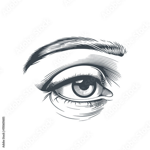 A simplified artistic depiction of a side profile of an eye. The eye has a thick eyelid and a small pupil. 