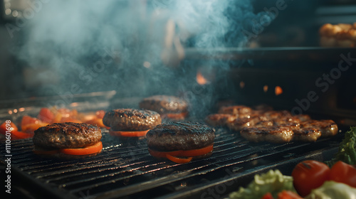 A Busy Grill Station with Mouth-Watering Burgers and Assorted Vegetables, Creating a Festive Barbecue Atmosphere
