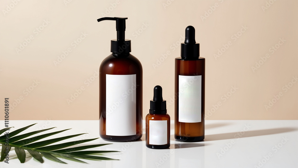Three bottles of cosmetic products are on a shelf with a palm tree in the background. Three bottles of cosmetic products are on a shelf with a palm tree in the background.
