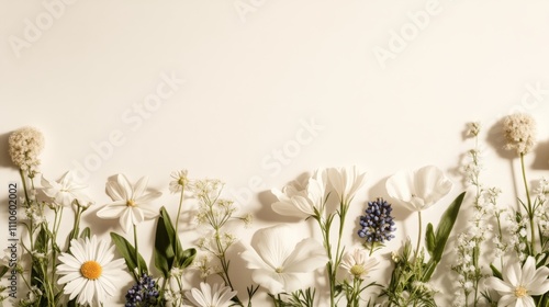 Beautiful wild flowers chamomile, purple wild peas border. Daisy frame banner template. Beautiful spring or summer nature season background. Copy space for text, white background